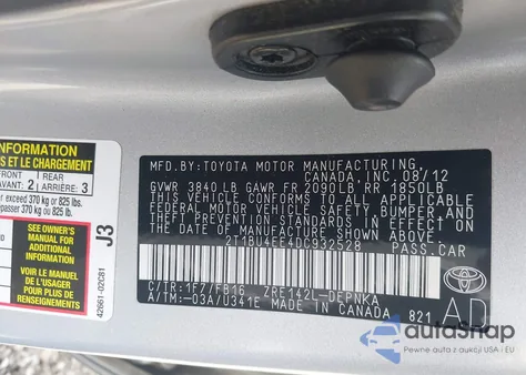 2013 Toyota Corolla Le z USA, uszkodzony, nr VIN 2T1BU4EE4DC932528